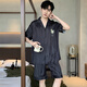 Yalu men's pajamas summer ice silk short-sleeved pants solid color black summer thin boys simulated silk home clothing set 12532 [Yunduo cotton crepe style] XL Recommended height 175 and weight 130-150