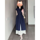 Cotton French style dress for women in summer 2025 new fashion this year's popular style layered seaside vacation style long skirt Navy blue XL 60/65kg