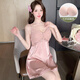Modal pajamas with breast pad for women in summer 2025 new high-end ice silk sexy suspender nightgown lace spring and autumn home JS_9227# single suspender skirt silver gray belt movable breast 1 M