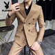 Playboy (PLAYBOY) high-end double-breasted peaked lapel suit men's wedding Korean version slim British style casual small suit jacket navy blue jacket + pants 4XL (163-175Jin Jin equals 0.5 kg)