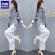 ROMON Cotton Line Suit Women's 2025 Summer New Loose Casual Fashion Large-Size Wide Leg Pants Line Dropping Two-Piece Set Light Bean Green Top + Rice Apricot Pants L (110-125)