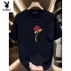花花公子（PLAYBOY）情侣短袖T恤潮牌印花纯棉宽松百搭夏装 黑色【前大图K1049 单朵红玫瑰花 S 建议90-100斤