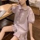 山头林村睡衣女夏季棉麻韩版小清新碎花格子娃娃领短袖家居服套装夏天学生 12346 口袋小猫 M