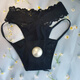 Thong perverted 4cm imitation pearl underwear, enlarged lace thong, tight black M