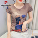 Pier Cardin 2025 summer new European slim half-sleeved top for women's fashionable slim creative cartoon printed short-sleeved T-shirt trend 8022-52# Khaki S