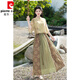 Pier Cardin summer new Chinese style oriental classical Chinese style jacquard slanted slanting temperament stand collar button top spliced ​​skirt suit 1043 green + 12161 brown L