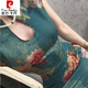 Pierre Cardin New Chinese Style Improved Cheongsam Dress Women's Summer National Style Waist Tightening Temperament Thousands of Sexy Hip Covering Skirt 59 Blue 2XL