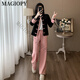 Magiopy International Luxury High-End Brandneue chinesische Zen-Mode-Set Frauen 2025 Spring Breeze High-End-Jacke Top Pulver Schwarzes Top + Pink Hosen xxl (131-150jin [Jin gleich 0,5 kg])