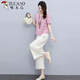 Woodpecker Fashion Cotton and Lines Set Women's Short Sleeve Fashion Spring Clothing New Temperament Slimming Loose Line Wide Legs Two-piece Set Trendy Light Pink Clothes + Apricot Pants Thin M [Suggest weight 95-105 Jin [Jin equals 0.5 kg]]