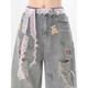 Washed and used ripped bear embroidered high-quality jeans 2025 new high-waist loose wide-leg cropped pants Light blue (high-quality quality) 2XL
