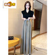 Chujing 2025 Nuevo traje de verano Internet Celebridades de reducción de edad de la edad Top calzada plisada de patas anchas Falda de dos piezas Set para mujeres pantalones de pierna ancha de velcro (estilo de verano) S 85-100Jin [Jin equivale a 0.5 kg] altura de pantalones por encima de 160 por encima de 160