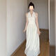 French style white sleeveless halterneck v-neck dress in shimmer for women 2025 new summer style, beautiful waist slimming long skirt, halterneck waist dress, off-white S