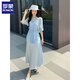 罗蒙绸缎连衣裙两件套女欧洲站2025春夏新款遮肚显瘦天丝收腰衬衫吊带 冰川蓝 套装 L 建议110-140斤