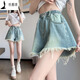 Zhewei [80-200Jin[Jin equals 0.5 kg] Wearable] Dough-edged denim shorts for women A-line wide-leg loose summer thin style student size [6630: Retro Breast-edged pants and legs shorts] 3XL [code Recommended 141Jin[Jin equals 0.5 kg]-160Jin[Jin equals 0.5 kg]]