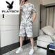 花花公子（PLAYBOY）纯棉2023新款冰丝短袖T恤套装男士休闲运动两件套男装宽松夏季潮 671浅灰色套装 M 80斤-110斤