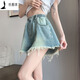 Zhewei [80-200Jin[Jin equals 0.5 kg] Wearable] Dough-edged denim shorts for women A-line wide-leg loose summer thin style student size [6630: Retro Breast-edged pants and legs shorts] 3XL [code Recommended 141Jin[Jin equals 0.5 kg]-160Jin[Jin equals 0.5 kg]]