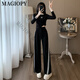 Magiopy International Luxury High-High-Brand Station European Station Set Women's 2025 Spring Slim Black manga larga Black XXL (131-150Jin [Jin equivale a 0.5 kg])