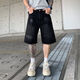 American haut de gamme en cuir haut de gamme Denim shorts de créneau d'été masculin Design Sense High Street Handsome Straight Six-Point Mid-Pants Black-Black 1392-1 S