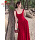 Pierre Cardin (Pierre Cardin) Enorme y hermoso vestido de suspensión sexy rojo para mujeres en las vacaciones en la playa de verano, temperamento de abrazadera de cintura plisada.