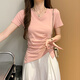 冉艺岚夏季2025新款黑色褶皱短袖恤女正肩修身不规则领上衣 黑色(15847款) S _89-98斤选