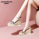 James Kevin brand retro straw wedge sandals for women summer bohemian ethnic style thick-soled high-heeled Roman shoes with one-piece buckle, apricot 36 230mm