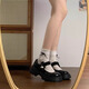 Xier round toe Mary Zhen small leather shoes thick heels high heels black jk shoes Lolita with skirt autumn single shoes women Mary Zhen small leather shoes black 36