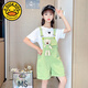 G.DUCKKIDS女童小熊牛仔背带裤套装2025夏新款韩版洋气儿童牛仔短裤爱心T恤 单件蓝短款背带裤 110cm