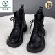 Woodpecker leather Martin boots for women 2024 new autumn and winter British style plus velvet thick sole short boots versatile single boots black (single) 38