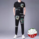 JEEP SPIRIT casual suit men's summer short-sleeved mulberry silkworm ice silk handsome match with Korean style fashion print trend 9227 black M 165