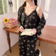 纯欲风蝴蝶结吊带睡衣女带胸垫三件套领开衫外套长袖家居服套装 13803＃黑色三件套带胸垫 M 建议80-100