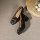 Huilijun Rock einzelne Schuhe für Frauen 2025 echtes Lederquadrat Zehen flacher Mund dicker Fersen Strass Square Schnalle Weiche Sohle nicht müde Füße Arbeit Schuhe Schwarze Y683-1 Schafmuster Strassschnalle 3.5 34