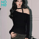 NOMe oblique shoulder slim long-sleeved T-shirt women's waist pleated design temperament streamer top bottoming shirt women black L