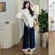 Ran Qiqi pregnant women's autumn suit lazy style 2025 new pure cotton long-sleeved shirt top wide-leg pants small fragrant style two-piece set white shirt + navy blue pants (set) L