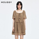 Moussy 2025 summer new product sweet waist-covering one-shoulder strap striped dress 028ISA33-4051 065 pattern brown S