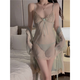 Sexy Pyjamas Frauen Spitze Hosenträger Mesh Nachthemd Sommer Hausanzug Morgen Kleid Großgröße P3886 Grün (Außengewand + Gürtel) Einmals Größe