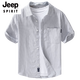 JEEP SPIRIT男士纯棉短袖衬衫日系休闲夏季薄款条纹衬衣新款潮流拼接上衣 9740浅蓝色 XL