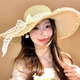 逸兼法式蕾丝蝴蝶结草帽女夏季度假风大帽檐遮阳帽海边沙滩太阳帽 平檐遮阳帽【棉纱边钉珠-米色】