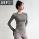 JEEP SPIRIT yoga wear women's long-sleeved tight-fitting slim sports top T-shirt running quick-drying Pilates training fitness wear set black top + light gray pants L