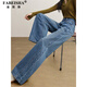 Fabessa Marke High Taille Weitbein-Jeans für Frauen 2025 Herbst Neue lose schlanke Hosen drapiert und gerade leghosen blau l