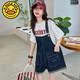 
G.DUCKKIDS girls overalls summer suit 2025 new fashionable and fashionable children's short-sleeved medium-large children's summer denim shorts white short-sleeved + denim shorts two-piece set 170 cm