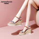 James Kevin brand retro straw wedge sandals for women summer bohemian ethnic style thick-soled high-heeled Roman shoes with one-piece buckle, apricot 36 230mm