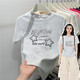 Weiße europäische T-Shirt-Frauen-Front-Schulter Kurzarm 2025 Sommer neuer schlanker reiner Baumwollsternbuchstaben drucken oben weiß grau (85-105jin [Jin gleich 0,5 kg]))