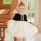 Snuffy girls dress, children's princess dress, autumn velvet gold-tone stitching mesh dress, fashionable and elegant, black 120