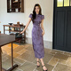 Yiou New Chinese Satin Butterfly Robe for Women, Summer Small Butterfly Modified Cheongsam Long jupe 9922 Purple S