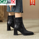 卡帝乐鳄鱼（CARTELO）粗跟短靴女2025新款春秋单靴高跟靴子棕色瘦瘦靴英伦风复古马丁靴 棕色 35