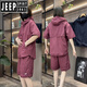 JEEP SPIRIT夏季运动套装男女同款休闲个性拉链宽松连帽短袖工装短裤短袖两件 黑色【套装2件】 M