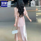 罗蒙绸缎连衣裙两件套女欧洲站2025春夏新款遮肚显瘦天丝收腰衬衫吊带 冰川蓝 套装 L 建议110-140斤