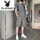 花花公子（PLAYBOY）纯棉2023新款冰丝短袖T恤套装男士休闲运动两件套男装宽松夏季潮 671浅灰色套装 M 80斤-110斤