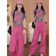 Tachimis Touch Miss Trendy Modeanzug für Frauen 2025 Frühlings- und Sommer-neuer Stil Slim Contrasting Color Casual Zweiköpfige zweiköpfige langärmlige Top + Pink Hosen S [Gewicht 80-100 Jin [Jin entspricht 0,5 kg]]