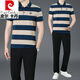 皮尔卡丹（pierre cardin）爸爸夏装男士运动服套装中老年休闲条纹纯棉短袖t恤Polo衫 雾蓝（短 袖+长裤）KDK9763 M (建议100-120斤)